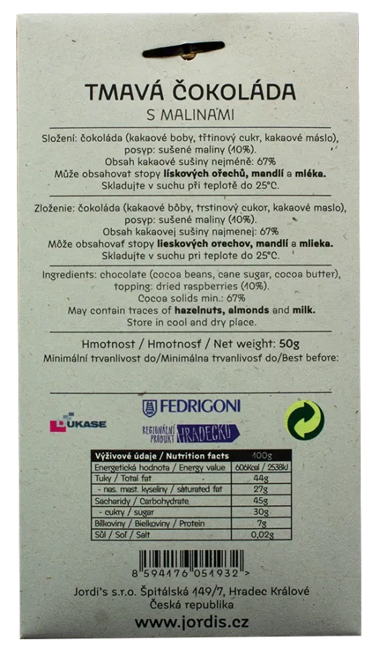 TMAVÁ ČOKOLÁDA 67% S MALINAMI 50 g